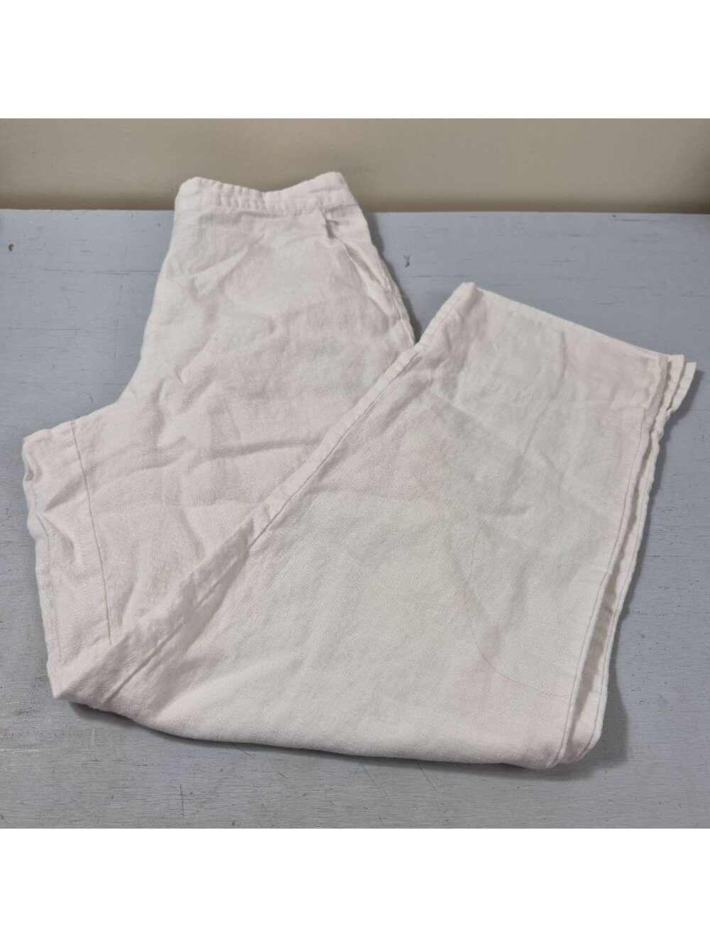 Peck & Peck Women's Small White 100% Linen Pull On Pants Elastic Waist Pockets